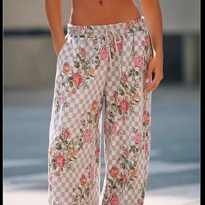 Daily Practice Anthro Checkerboard Floral Dark Grey Fleece-Lined Joggers L NWT